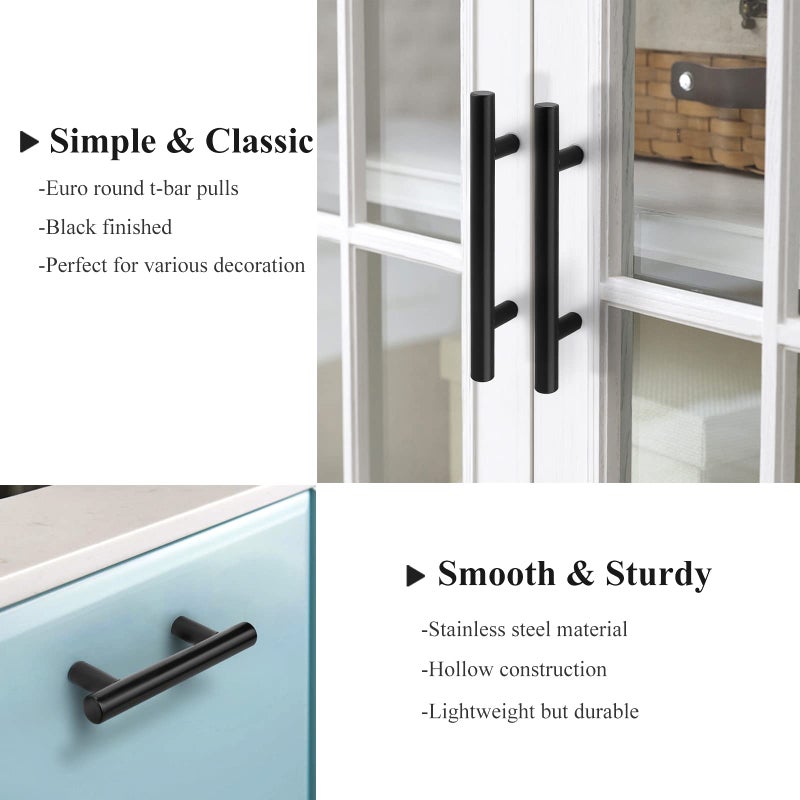 Probrico 30 Pack| 4 Inch Black Cabinet Handles with 2-1/2 Inch Hole Center Stainless Steel Cabinet Pulls Round T Bar Kitchen Cabinet Hardware Door Handles  Drawer Dresser Pulls 64mm Hole Centers - Image 5